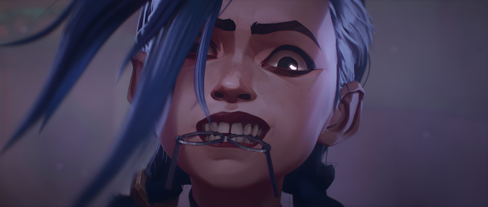 Jinx from Arcane holding glasses in her mouth