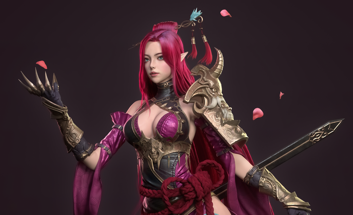 4K magenta-haired woman with sword and petals