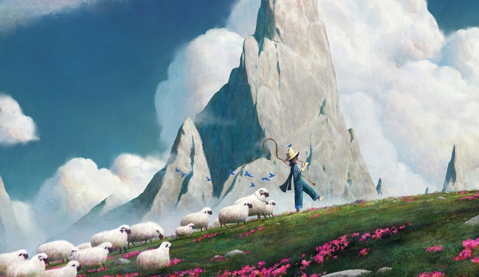 Shepherd with sheep and birds on a mountain