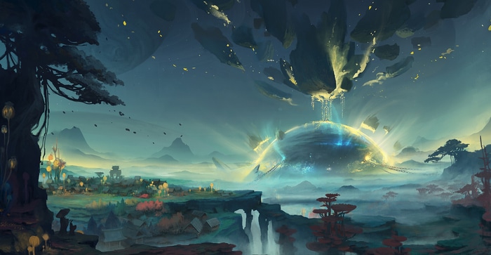 Floating islands over a mystical landscape with mountains
