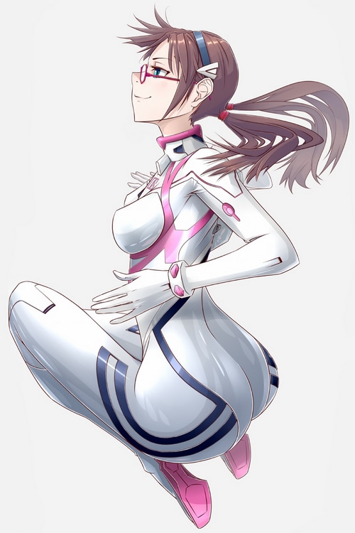 Makinami Mari Illustrious in a white and pink bodysuit