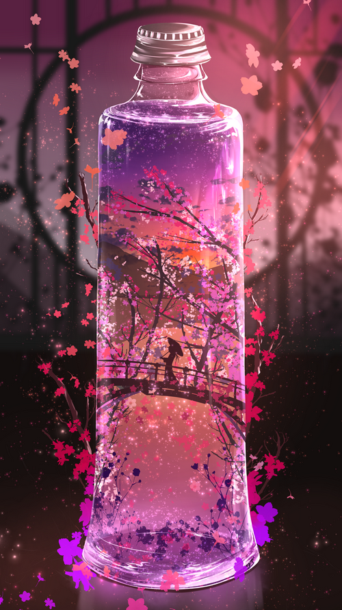 Tsuchiya's cherry blossom scene inside a glass bottle