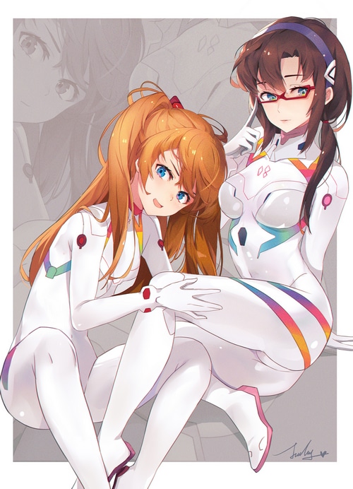 Asuka and Mari in Evangelion plugsuits