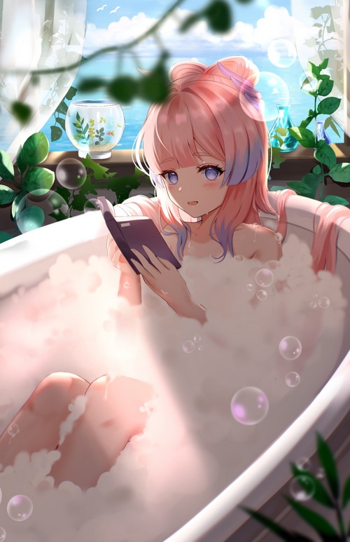 Sangonomiya Kokomi bathing and reading a book