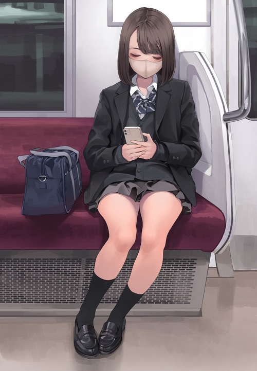 Anime schoolgirl wearing a mask on a train