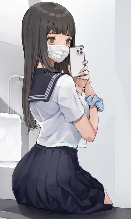 Girl in sailor uniform taking a selfie with an iPhone