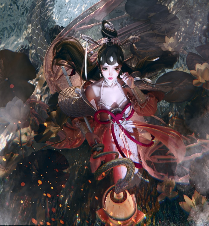 Lu Jieyun from Honor of Kings with a snake and lotus