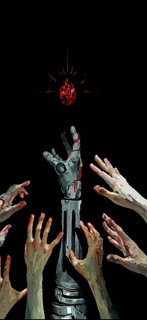 Fullmetal Alchemist: Robotic arm reaches for a red gem