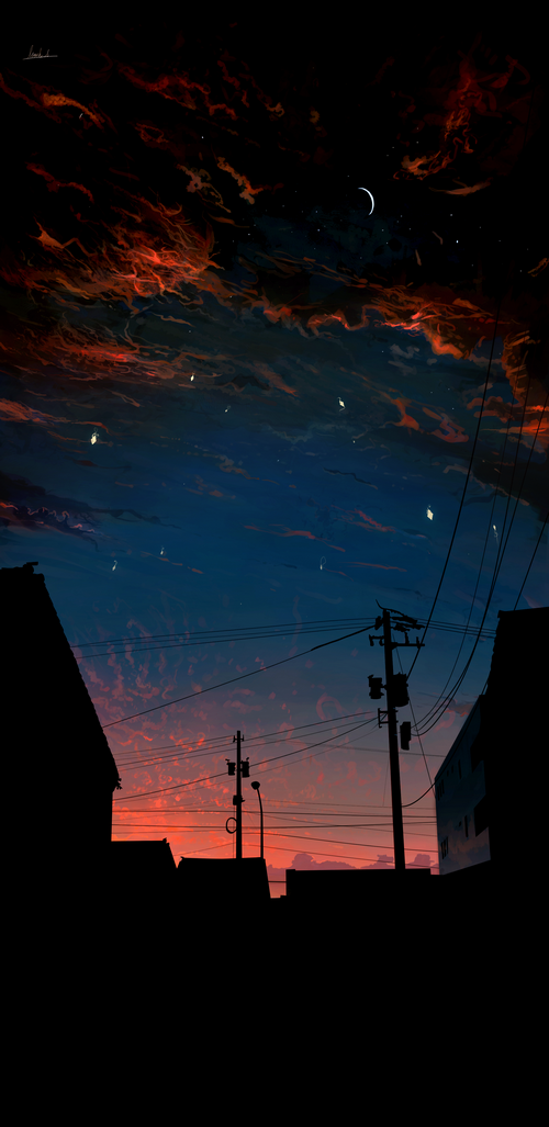 Dark sky with clouds, moon, and stars over city
