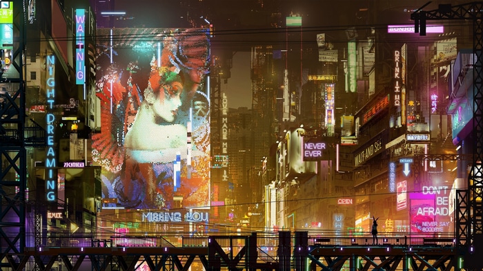 Cyberpunk city with neon signs and a mosaic portrait