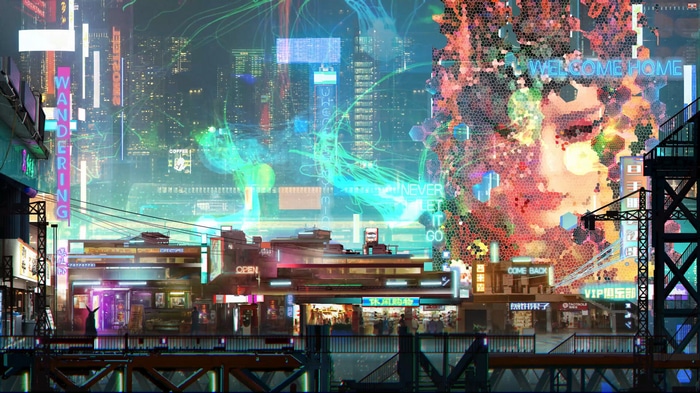 Futuristic Cyberpunk Cityscape with Neon Signs