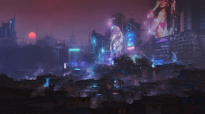 Cyberpunk futuristic city at sunset with neon signs