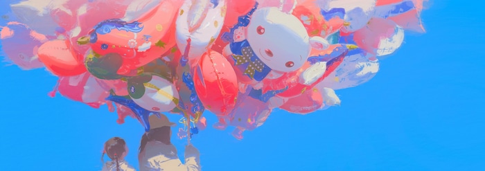 Children holding a bunch of colorful balloons