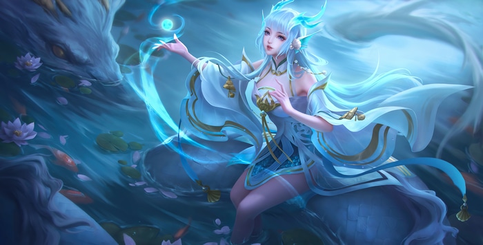 4K Honor of Kings: Water Dragon and Blue-Haired Woman
