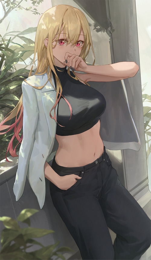 Kitagawa Marin in a white blazer and black crop top