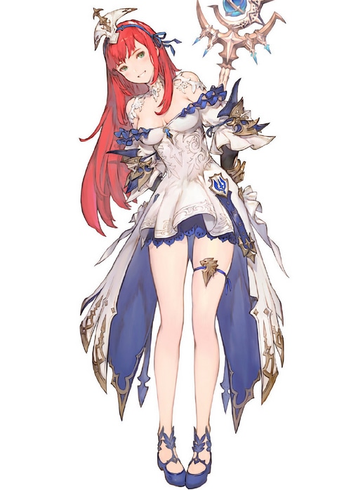 Redhead woman in white and blue dress holding a staff