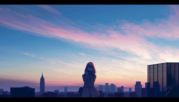 Girl with camera on New York City skyline at sunset