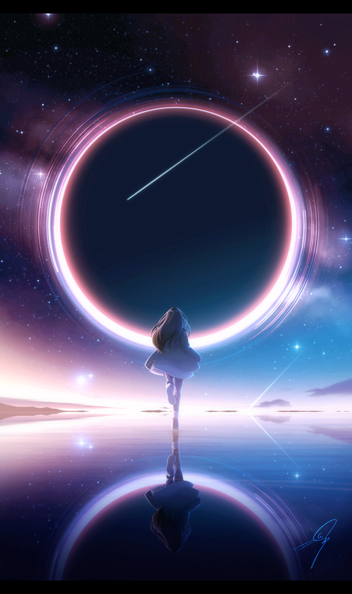 Girl running towards a black hole with shooting stars