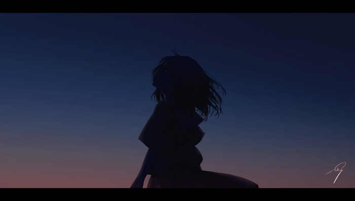 Anime girl silhouette against a sunset sky