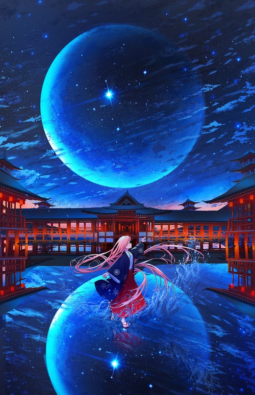 Nakomo under a starry night sky near Itsukushima Shrine