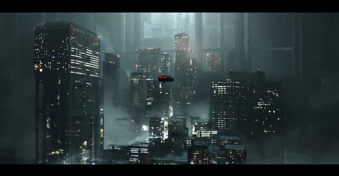 Futuristic city with flying car in Blade Runner style