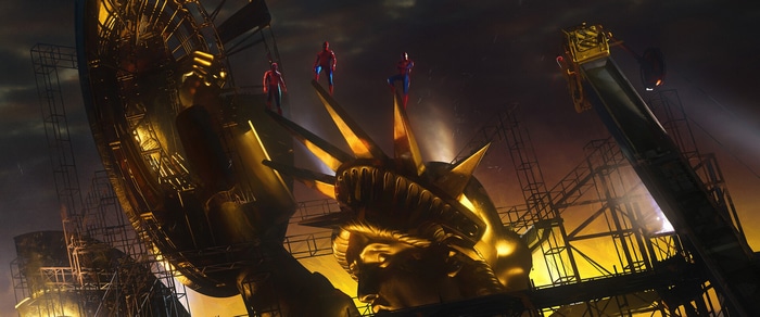 Three Spider-Men on the Statue of Liberty