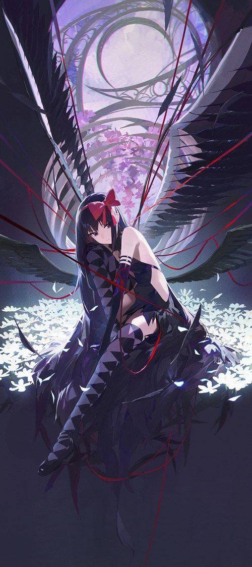 Homura Akemi with black wings and red ribbons