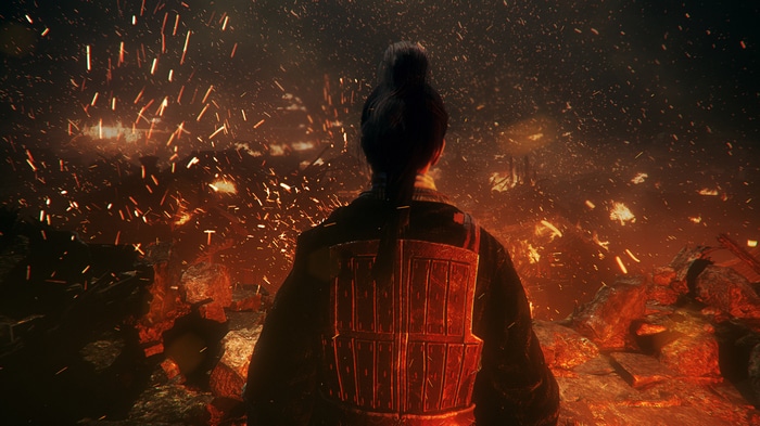 4K Wo Long: Fallen Dynasty Character in Fiery Landscape