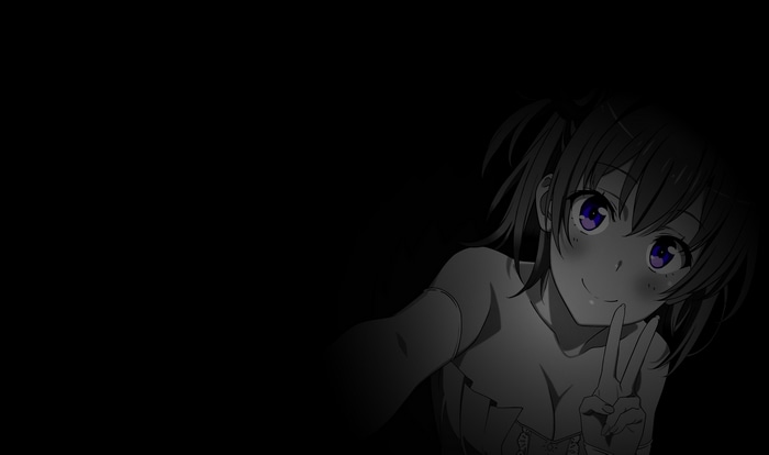 Anime girl with purple eyes making peace sign