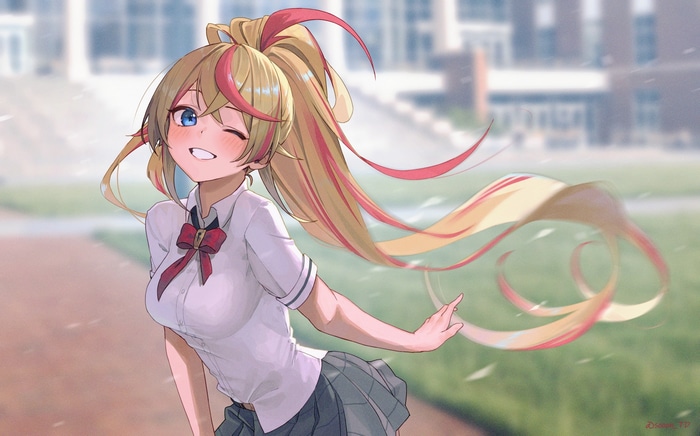 Anime schoolgirl with blonde and pink hair winks