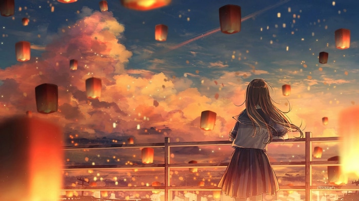 Anime girl watches lanterns at dusk