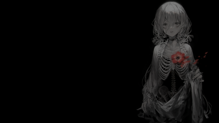 Anime girl with skeleton and red flower