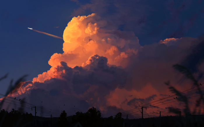 Aircraft flying past sunset clouds over a dark landscape