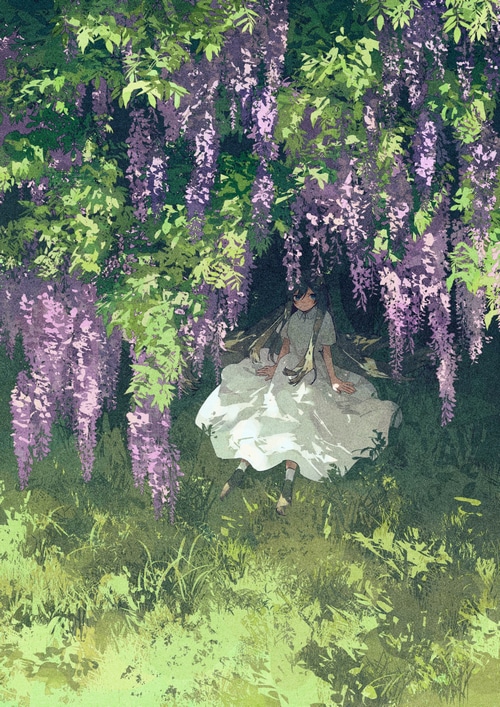 Girl in white dress under wisteria flowers