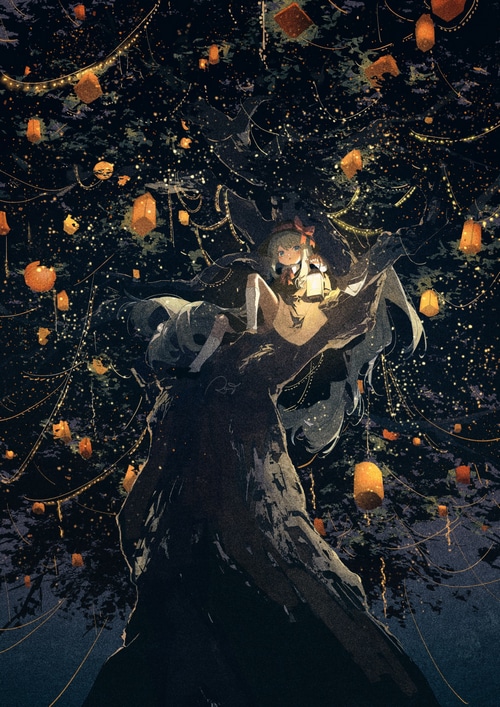 Girl with lantern under a tree with lanterns at night