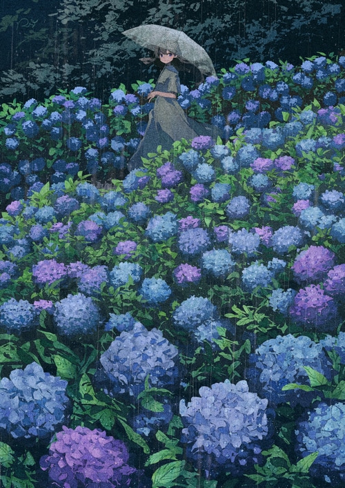 Woman with umbrella in a field of hydrangeas during rain