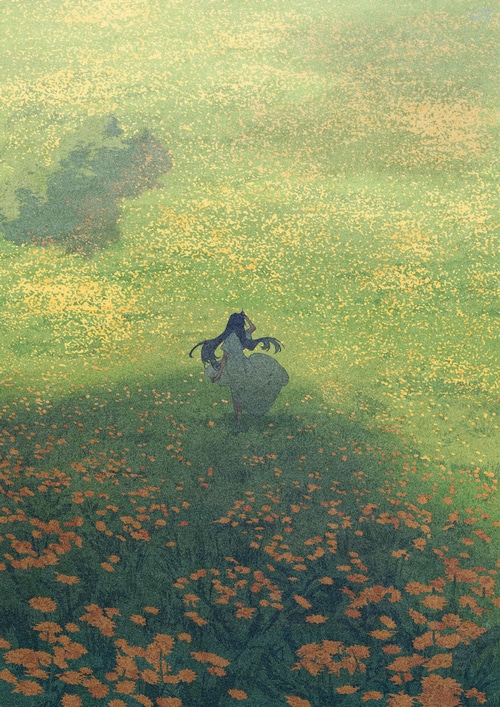 Illustration of a woman in a white dress in a field of flowers