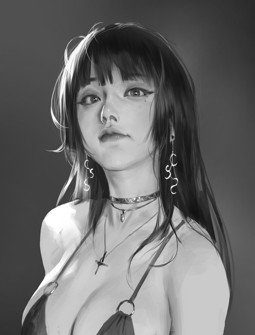 Monochrome portrait of an Asian woman with necklaces
