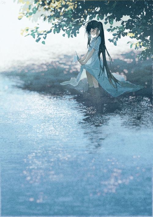 Girl in white dress standing in water under trees