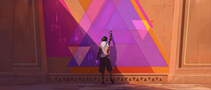 Character interacting with a geometric mural
