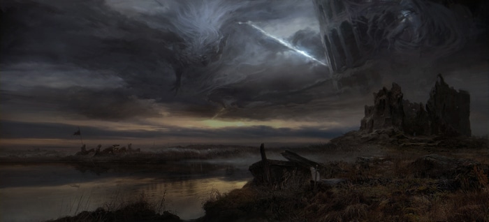 Dark fantasy landscape with ruins and stormy sky