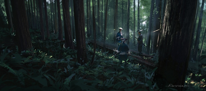 Samurai in a dense forest with sunlight filtering through trees