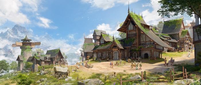 Village with windmill and mountains