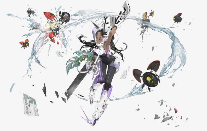 Futuristic woman with robot companions and water effects