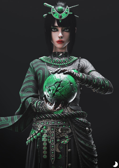 Fantasy art of a woman with green eyes and nose ring