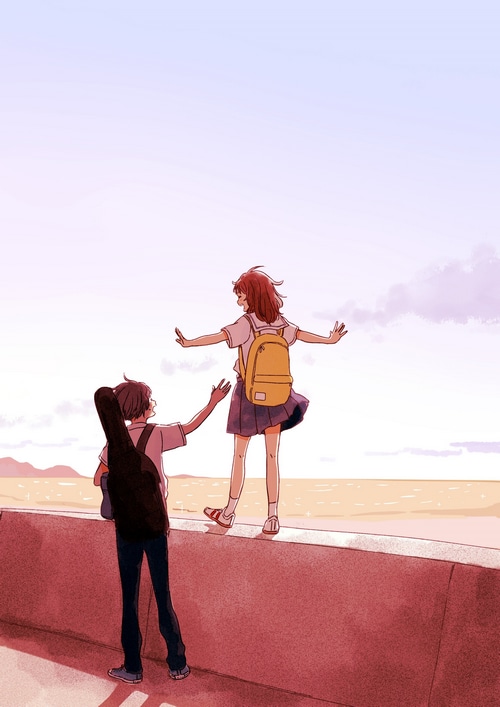 Anime couple with guitar by the sea