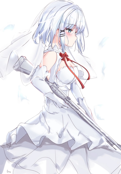 Siesta in a wedding dress holding a gun
