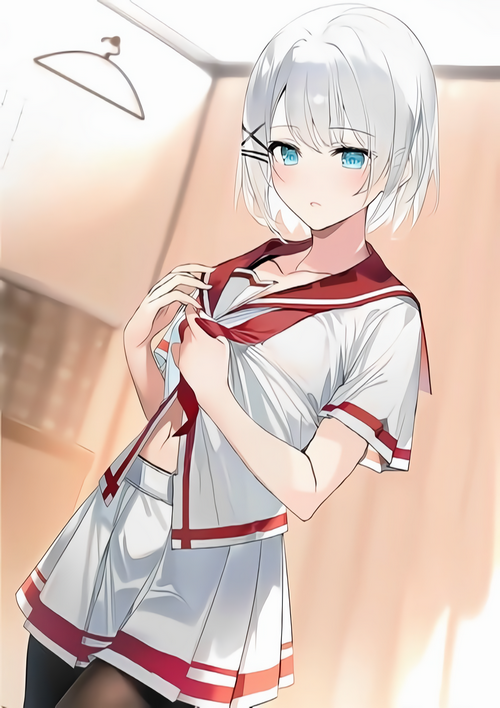 Siesta in a school uniform adjusting her top