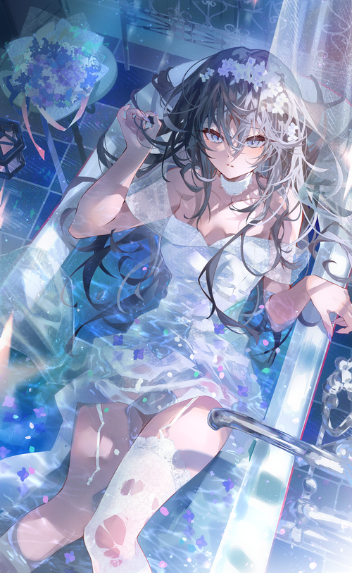 Arutera in a bathtub wearing a wedding dress