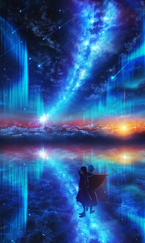 Couple watching aurorae and sunset over mountains reflected in water